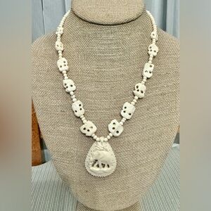 Natural Carved Bone Elephant Beaded Cream Vintage Necklace
